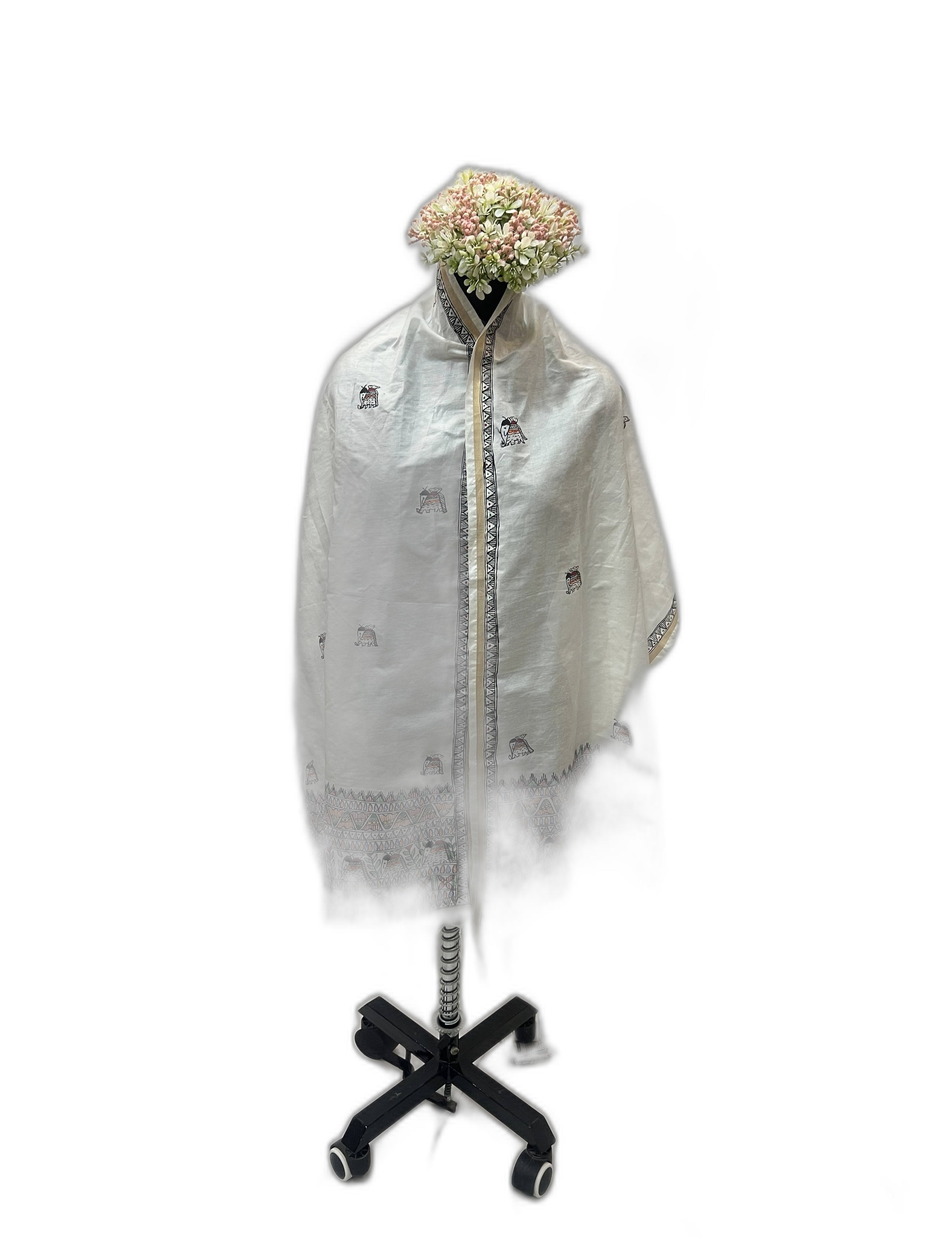 Handpainted Madhubani Katan Silk Stole in White with Zari Border